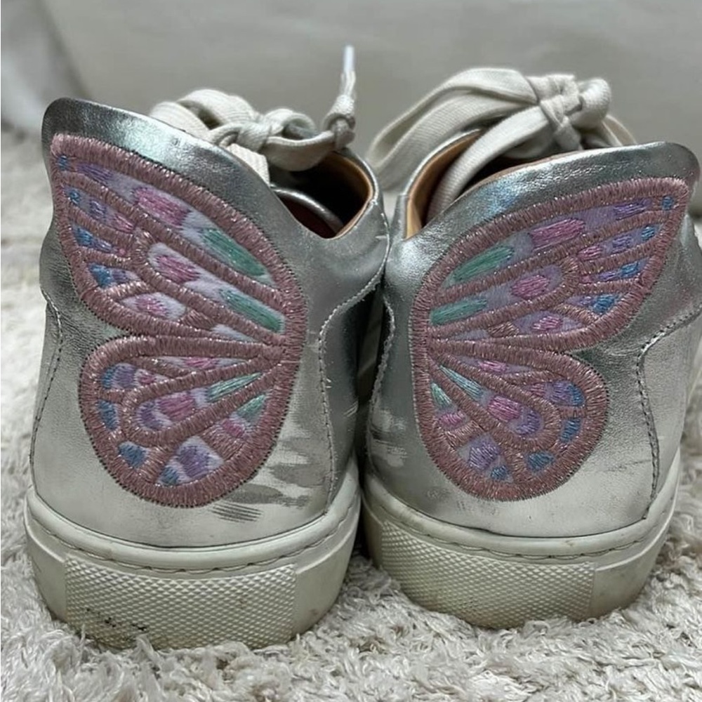 Sophia Webster Metallic Silver Sneakers Butterfly Back White Laces